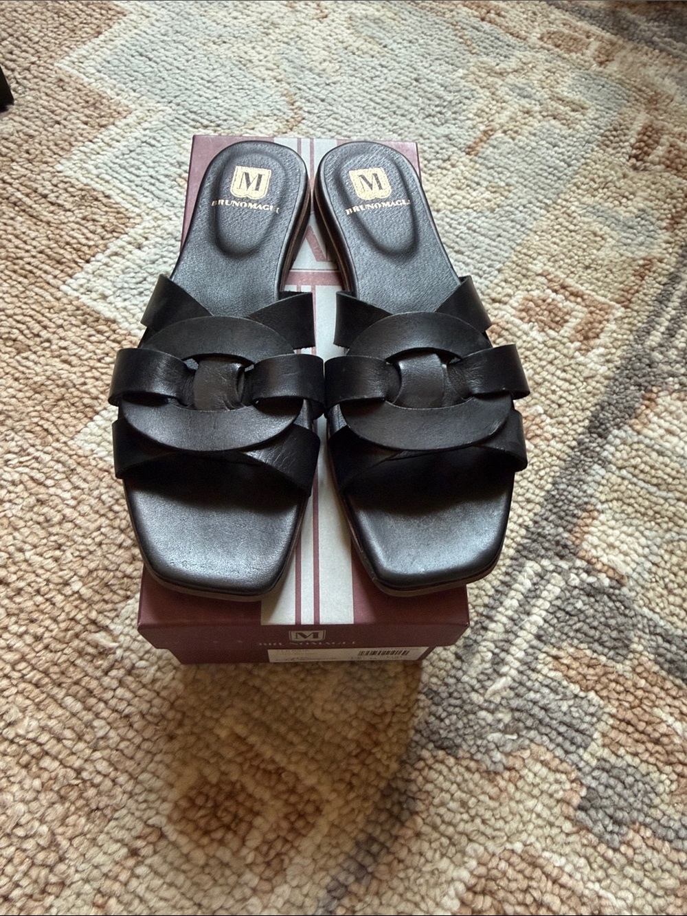 Bruno Magli Black Leather Woven Slide sandals